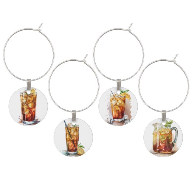 WATERCOLOR GLASSES OF ICED TEA WITH LEMONS WINE CHARM (Staggered)
