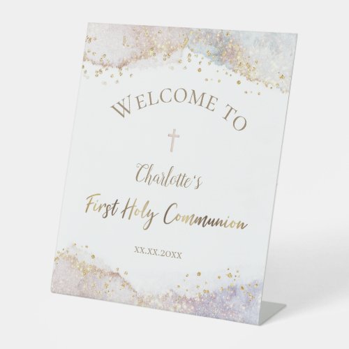 watercolor glitter First Communion welcome sign