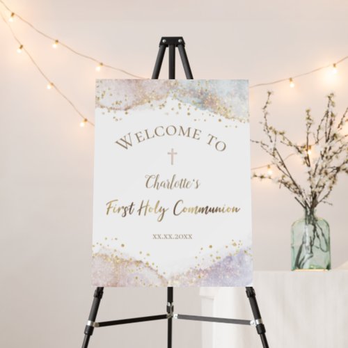 watercolor glitter First Communion welcome sign