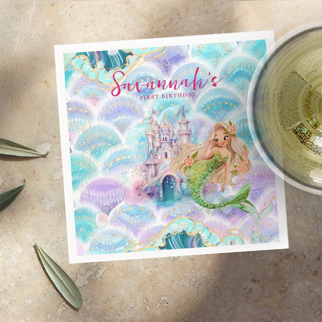 Watercolor Glitter Mermaid Birthday Napkins (Creator Uploaded)