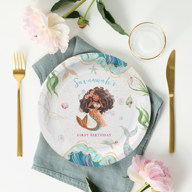 Watercolor Glitter Mermaid Birthday Paper Plates (Creator Uploaded)