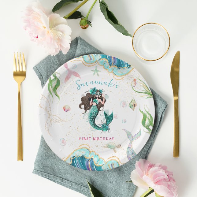 Watercolor Glitter Mermaid Birthday Paper Plates (Creator Uploaded)