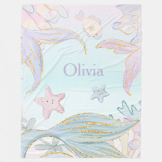 Watercolor Glitter Mermaid Tails Under the Sea Fleece Blanket