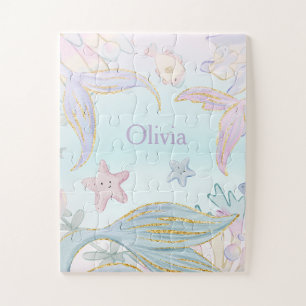 Watercolor Glitter Mermaid Tails Under the Sea Jigsaw Puzzle