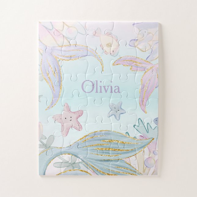 Watercolor Glitter Mermaid Tails Under the Sea Jigsaw Puzzle (Vertical)