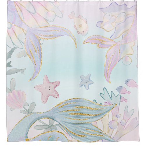 Watercolor Glitter Mermaid Tails Under the Sea Shower Curtain