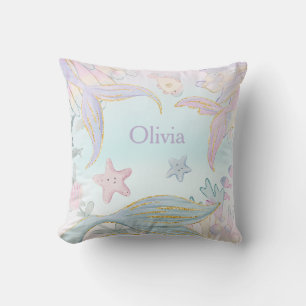 Watercolor Glitter Mermaid Tails Under the Sea Throw Pillow