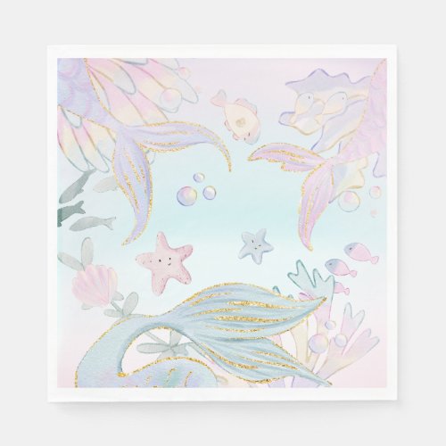 Watercolor Glitter Mermaid Under the Sea Party Napkins