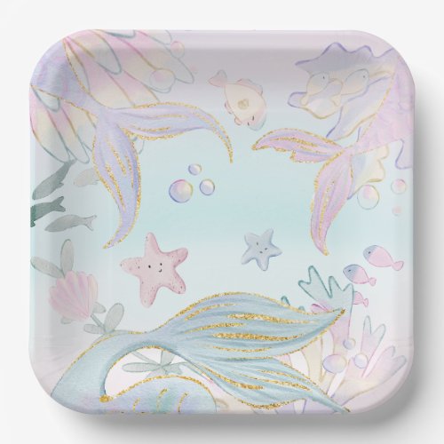 Watercolor Glitter Mermaid Under the Sea Party Paper Plates