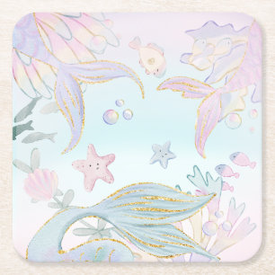 Watercolor Glitter Mermaid Under the Sea Party Square Paper Coaster