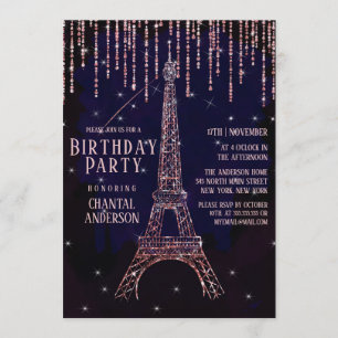 Watercolor Glitter Paris Eiffel Tower Birthday Invitation