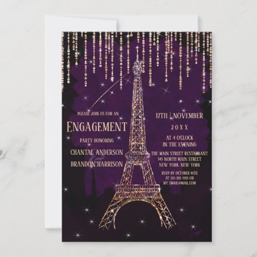 Watercolor Glitter Paris Eiffel Tower Engagement Invitation