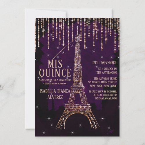 Watercolor Glitter Paris Eiffel Tower Quinceaera Invitation