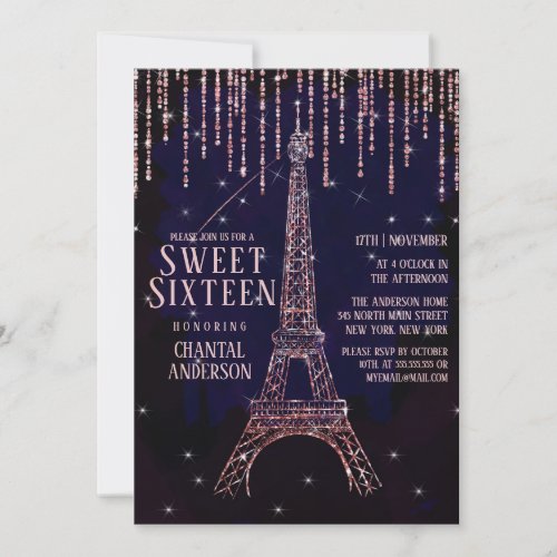 Watercolor Glitter Paris Eiffel Tower Sweet 16 Invitation
