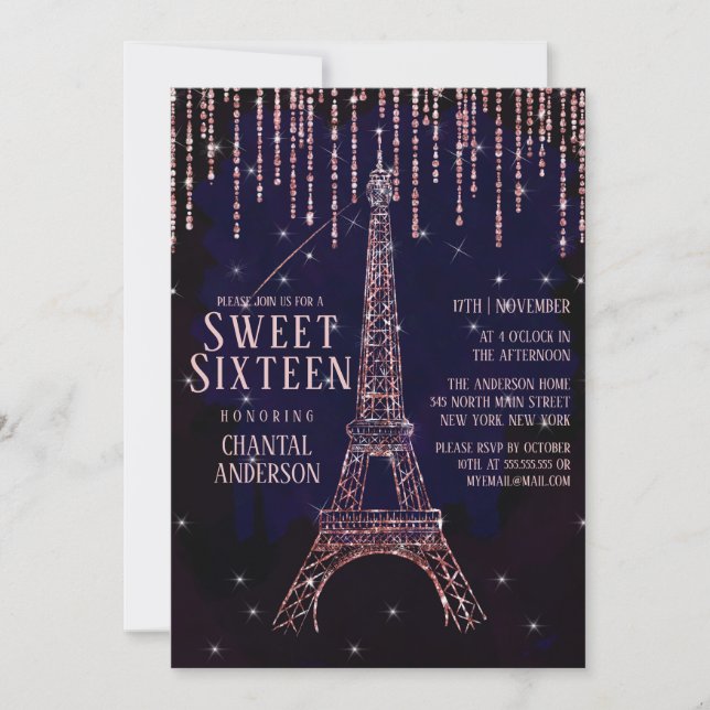 Watercolor Glitter Paris Eiffel Tower Sweet 16 Invitation (Front)
