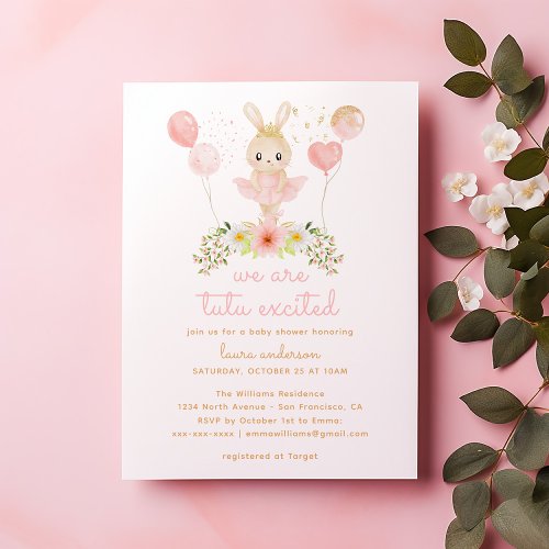 Watercolor Glitter Pink Tutu Ballerina Baby Shower Invitation