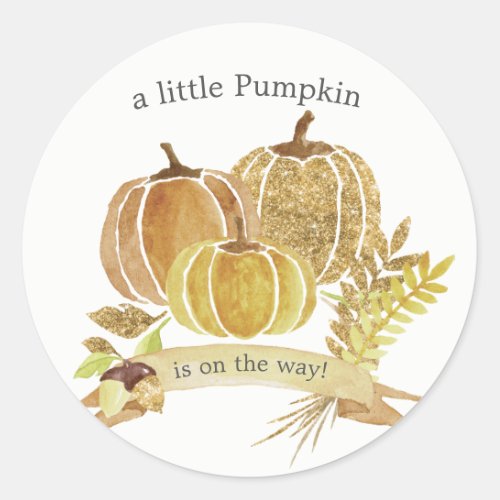 Watercolor Glitter Pumpkin Fall Baby Shower Classic Round Sticker