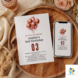 Watercolor Glitter Rose Gold balloon 3rd birthday Invitation