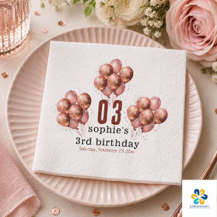 Watercolor Glitter Rose Gold balloon 3rd birthday Napkins