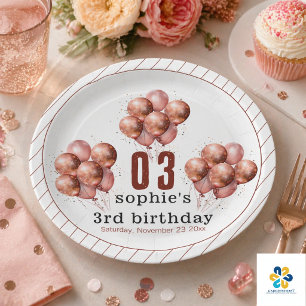  Watercolor Glitter Rose Gold balloon 3rd birthday Paper Plates