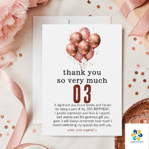  Watercolor Glitter Rose Gold balloon 3rd birthday Thank You Card