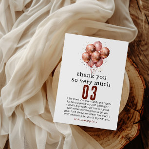 Watercolor Glitter Rose Gold balloon 3rd birthday Thank You Card