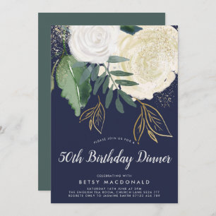 Watercolor & Glitter Roses 50th Birthday Dinner Invitation