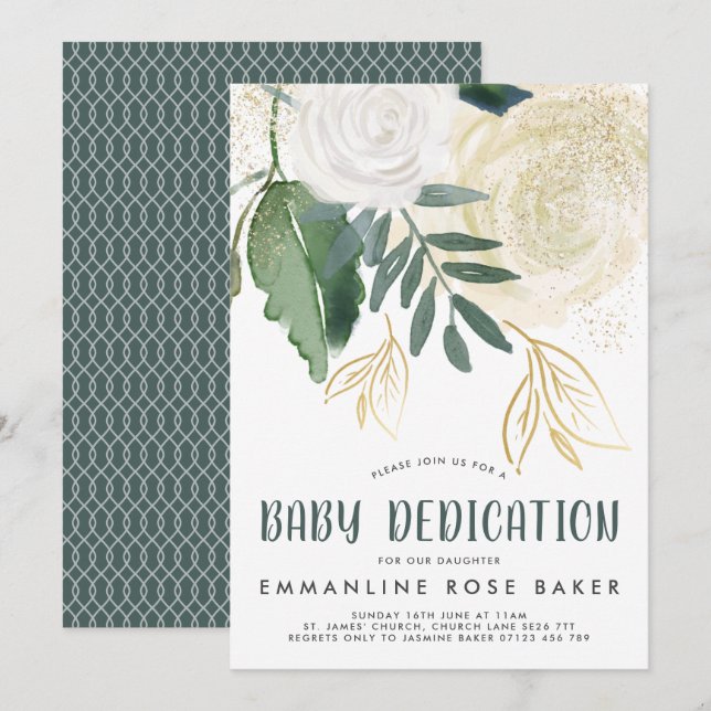Watercolor & Glitter Roses Baby Dedication Invite (Front/Back)