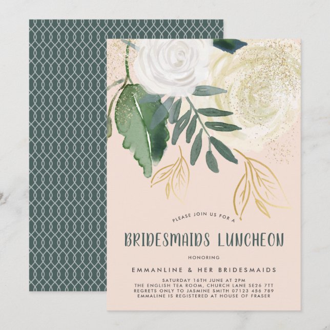Watercolor & Glitter Roses Bridesmaids Luncheon Invitation (Front/Back)