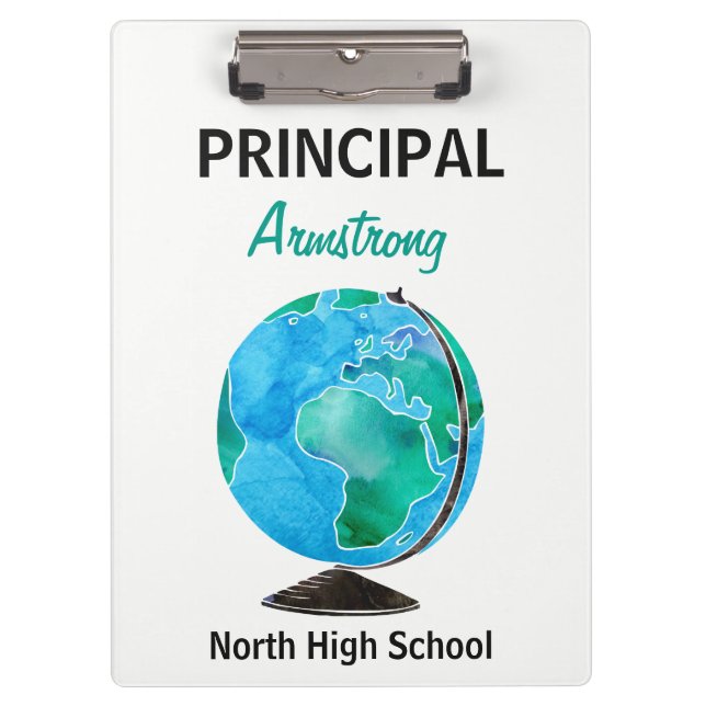 Watercolor Globe Personalized School Principal Clipboard (Front)
