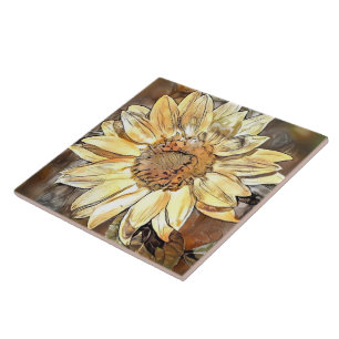 Watercolor Glossy Sunflower Elegant Collection Ceramic Tile