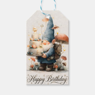 Watercolor Gnome Birthday Design with Tiered Cake Gift Tags