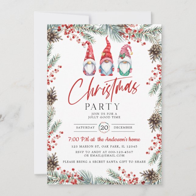 Watercolor Gnome Holly Berry Christmas Party Invitation (Front)