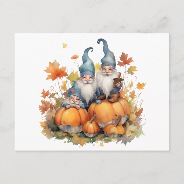 Watercolor Gnome Pumpkin Thanksgiving Holiday Postcard (Front)