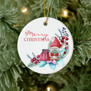 Watercolor Gnome With Christmas Tree Ceramic Ornament