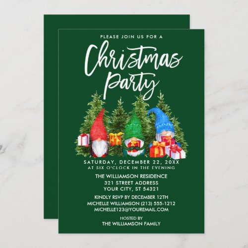 Watercolor Gnomes Christmas Party Green Invitation