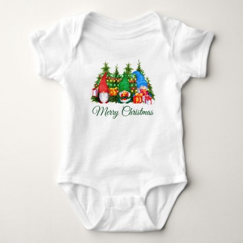 Watercolor Gnomes Green Merry Christmas Baby Bodysuit