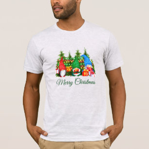 Watercolor Gnomes Green Merry Christmas Gray T-Shirt
