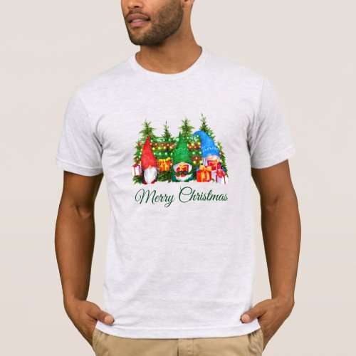 Watercolor Gnomes Green Merry Christmas Gray T_Shirt