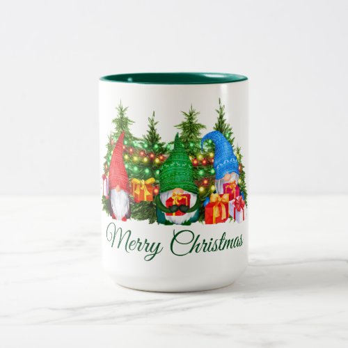 Watercolor Gnomes Green Merry Christmas Lights Two_Tone Coffee Mug