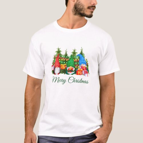 Watercolor Gnomes Green Merry Christmas T_Shirt