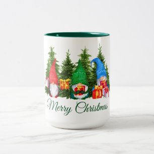 Watercolor Gnomes Green Merry Christmas Two-Tone Coffee Mug