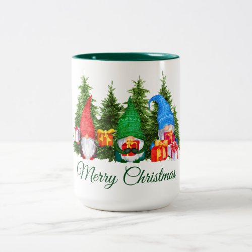 Watercolor Gnomes Green Merry Christmas Two_Tone Coffee Mug