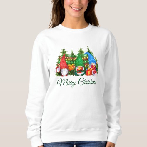 Watercolor Gnomes Green Merry Christmas W Sweatshirt