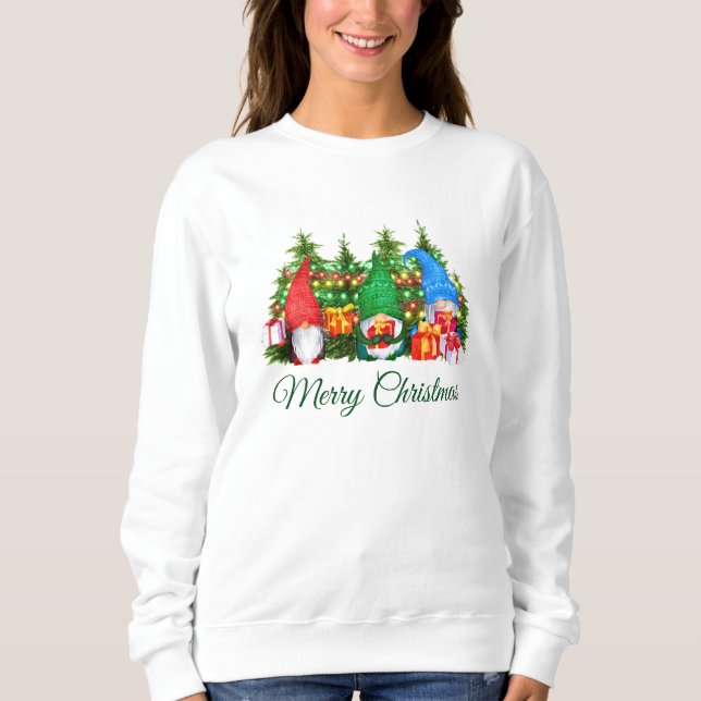 Watercolor Gnomes Green Merry Christmas W Sweatshirt (Front)