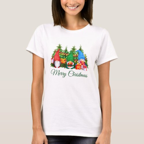 Watercolor Gnomes Green Merry Christmas W T_Shirt