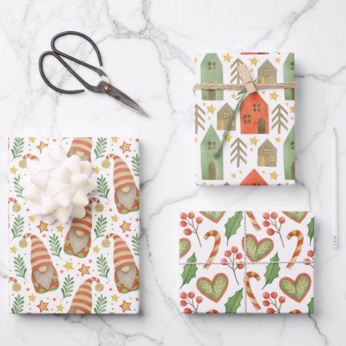 Watercolor Gnomes Houses And Candy Canes Christmas Wrapping Paper Sheets