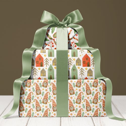 Watercolor Gnomes Houses And Candy Canes Christmas Wrapping Paper Sheets