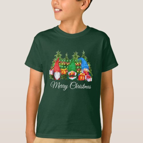 Watercolor Gnomes Merry Christmas Boys Green T_Shirt