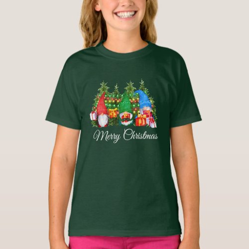 Watercolor Gnomes Merry Christmas Girls Green T_Shirt